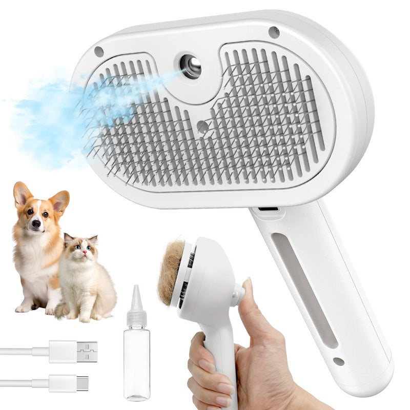 HeroKitty Dog Brush for Shedding, 3 in 1 Self Cleaning Steam Dog Brush - Anti-Static,Cat Steam Brush Removal Comb with Release Button, Grooming Tool for Long and Short Hair Pets, White - Image 1